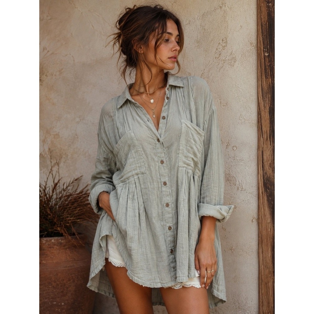 Free People Cotton Gauze Tunic Shirt XS Sage Green Oversized Boho Button Down